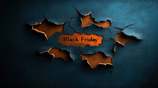 Black Friday banner with cracked wall design, featuring distressed textures and eye catching orange text. Perfect for promotional materials and sales events