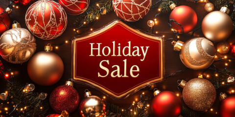A festive holiday background featuring ornaments and lights, with prominent "Holiday Sale" text in the center