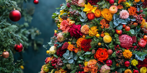 A Christmas tree made of vibrant flowers and greenery, showcasing a unique twist on traditional decorations