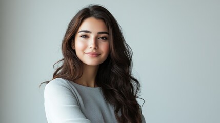 Fototapeta premium Serene portrait of a Middle Eastern woman in her 20s with long wavy hair and a calm expression