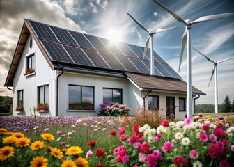 Modern Sustainable Energy Home with Solar Panels and Wind Turbines in a Scenic Flower Field - Eco-Friendly Living, Renewable Energy, Green Technology, Nature Integration, Clean Energy Solutions