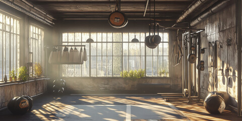 A serene boxing gym with equipment hanging and sunlight filtering through the windows, evoking dedication and training