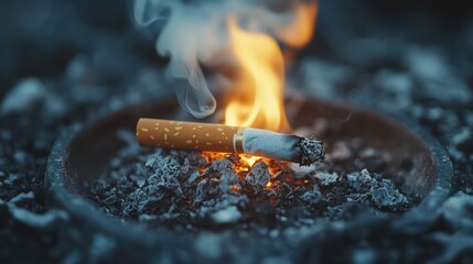 A burning cigarette in an ashtray with smoke and flames.