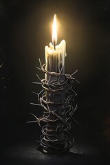 Fototapeta premium A candle is lit in a dark room with a twisted wick