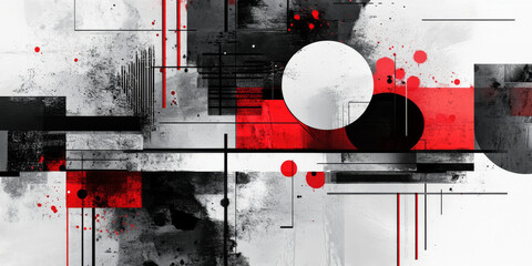 A bold abstract background showcasing geometric shapes in contrasting black and white, with splashes of red for emphasis