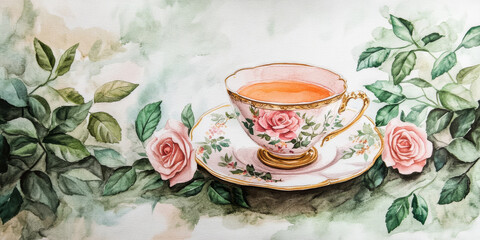 Hand painted watercolor of a vintage teacup with roses and leaves, capturing a classic look