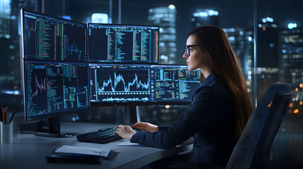 finance analyst working late at night, reviewing data on multiple screens