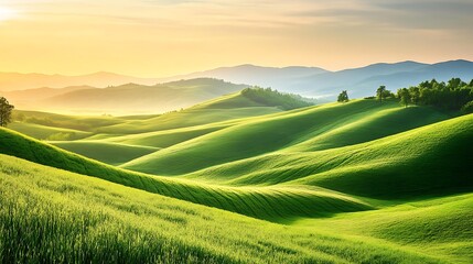 Obraz premium Rolling Green Hills at Sunrise with Distant Mountain Range