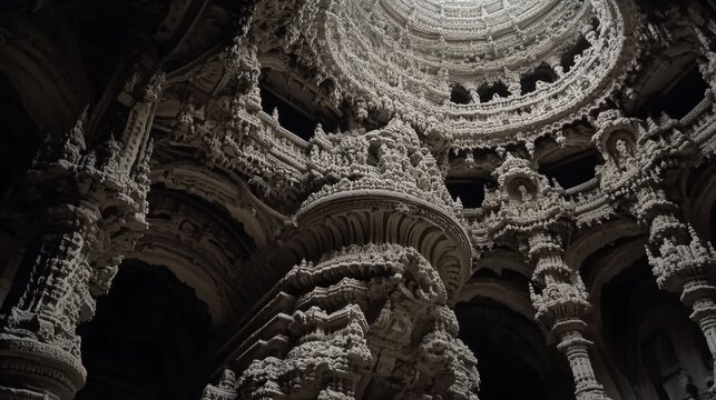 A close-up of the intricate stone carvings of the Dilwara Temples in Mount Abu, focusing on the exceptional craftsmanship of Jain architecture