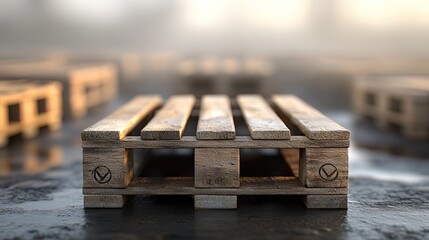 A single wooden pallet stands out against a backdrop of blurred pallets, with a soft glow of light behind it.