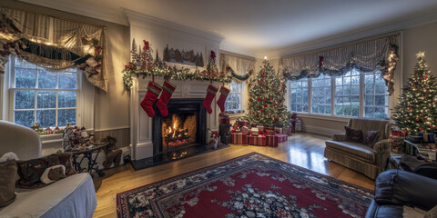 Warmly lit living room with stockings hanging over a decorated fireplace, embodying Christmas coziness