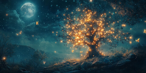 Fototapeta premium A magical Christmas tree glowing in the moonlight, with fairies and twinkling lights adding to the enchantment