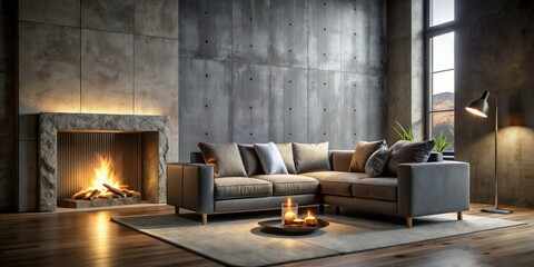 Cozy Low Light Interior with Gray Velour Sofa and Artificial Fireplace in a Dark Loft Room Featuring Concrete Walls and Ambient Lighting for Relaxation and Comfort