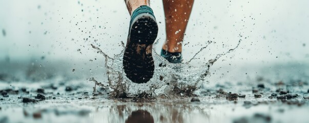 Dynamic runner splashing through a puddle, capturing the joy of movement and the thrill of adventure.