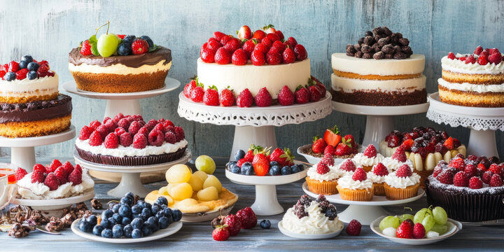 A delicious dessert buffet featuring a variety of cakes, pastries, and fruits, creating a tempting display