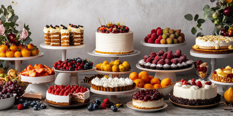 A delicious dessert buffet featuring a variety of cakes, pastries, and fruits, creating a tempting display