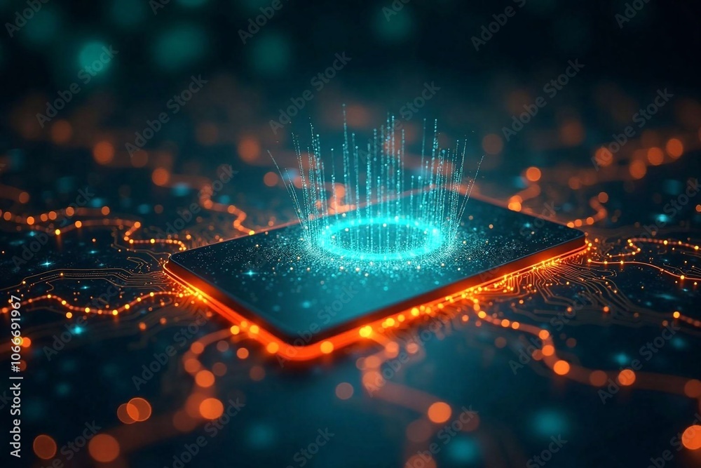 Wall mural abstract futuristic illustration with electronic circuit board demonstrating triumph of new technolo