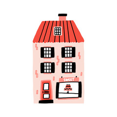 European Cake Shop. Europe Store Architecture. Flat Naive Style Cute Building Isolated for Retail Business. Vector Scandinavian Sweet House 