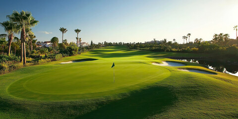 Fototapeta premium A tranquil golf course with a beautifully manicured green and a flag in the distance, ideal for promoting relaxation