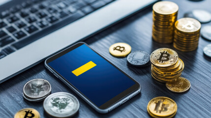 Digital currency on smartphone with coins and laptop nearby, showcasing modern finance. image captures essence of cryptocurrency and digital transactions
