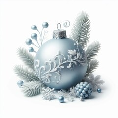 A blue and silver Christmas ball ornament on snow for holiday decoration in winter isolated on white background