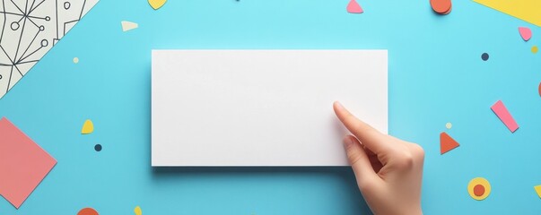 Blank white card held by a hand over a colorful geometric background