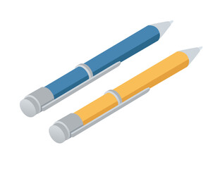 Isometric pens in blue and yellow with metallic details, creativity and productivity. Perfect for educational, artistic, and office-related visuals. Vector illustration isolated on white background