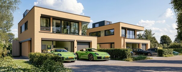 Fototapeta premium Dutch neighborhood, beige brick homes with green cars, sunny open atmosphere.