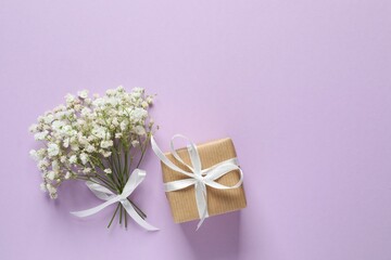 Top view photo with gift box and gypsophila flowers on color background with empty space