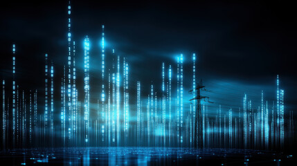 Fototapeta premium Silhouette of electric substation at dusk with glowing blue data streams, creating futuristic atmosphere