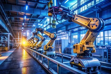 Fototapeta premium Night Photography of a Robotic Arm Assembling Components on a High-Tech Production Line, Showcasing Automation, Precision Engineering, and Advanced Manufacturing Technology