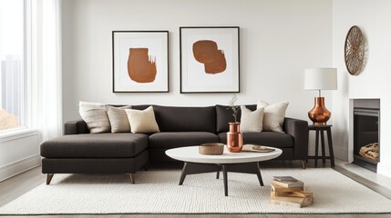 Modern Living Room with Sectional Sofa, Coffee Table, and Fireplace