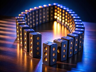 Night Photography of Curved Domino Line with Black Wooden Dominos in a Dark Setting, Capturing Light Reflections and Shadows for a Dramatic Aesthetic