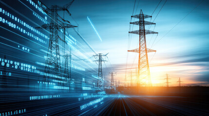 Silhouette of electric substation at sunset with digital elements, showcasing energy and technology. vibrant colors create dynamic atmosphere