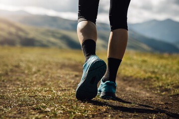 Fitness woman legs walking on high altitude grassland mountain road