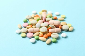 Various medicine pills on color background