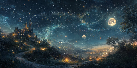 Fototapeta premium A dreamy night sky filled with twinkling stars and a glowing moon, creating a magical atmosphere of time passing gently