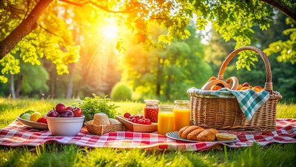 Sun-drenched picnic blanket, bokeh lights sparkle through the trees.