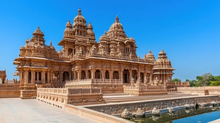 Fototapeta premium A close-up of the stunning woodwork in the Shree Swaminarayan Mandir in Gandhinagar, reflecting the intricacies of modern Hindu temple architecture