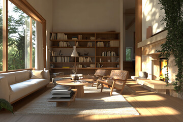 Eclectic midcentury modern living space, natural wood tones, colorful accents, soft lighting, highquality 3D render