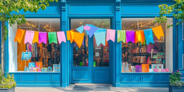 A bright and cheerful storefront decorated with colorful banners announcing a big seasonal sale, attracting customers