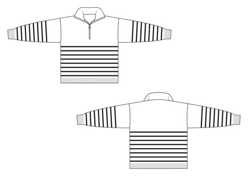 Vector fashion technical drawing of a jumper in black and white stripes with front and back view. High neck. Zipper opening. Long sleeves. Rib trim at sleeve cuff and bottom opening. Knit fabric.