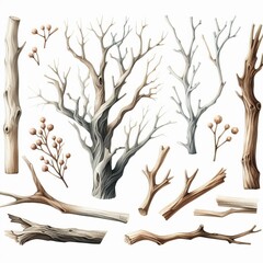 Fototapeta premium Snow-covered dead tree branches on white in winter forest