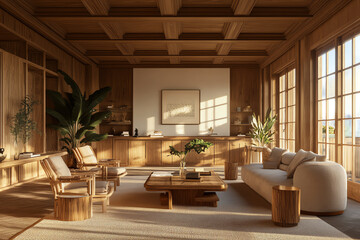 Eclectic midcentury modern living space, natural wood tones, colorful accents, soft lighting, highquality 3D render
