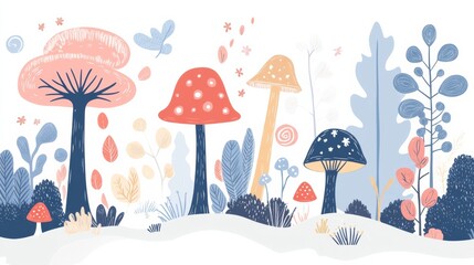 Magical forest. Fairy forest. Flat illustration of fairytale forest.