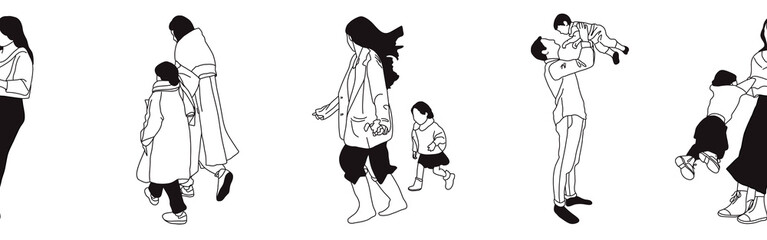 Hand-drawn doodle family border. Outline family clipart. Hand-drawn black art.