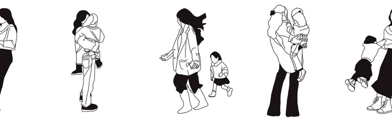 Hand-drawn doodle family border. Outline family clipart. Hand-drawn black art.