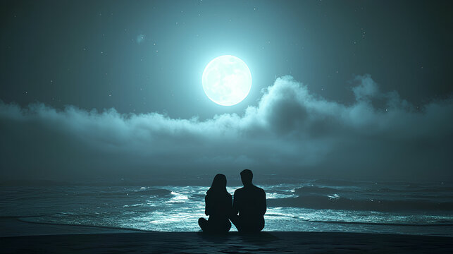 A couple sitting together on the sandy beach at night, gazing at the full moon shining brightly over the ocean.