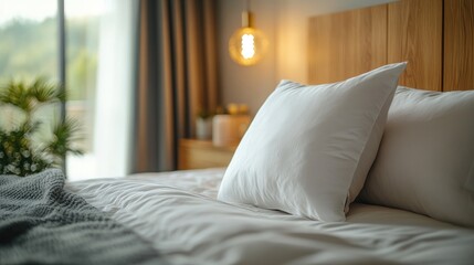 Close-up of a plush white pillow on a bed with a wooden headboard, a gray blanket, and a window with green trees in the background.