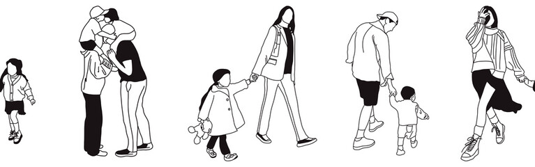 Hand-drawn doodle family border. Outline family clipart. Hand-drawn black art.